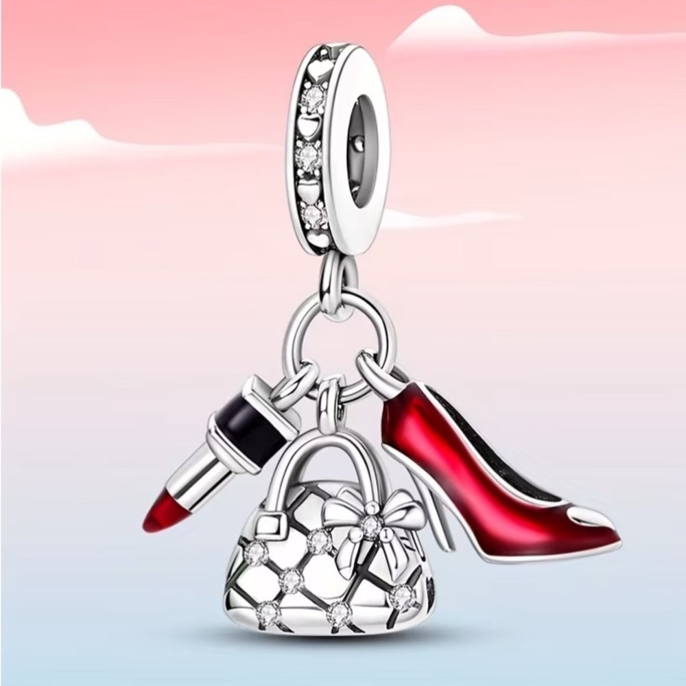 Sterling Silver Purse, Lipstick, and Red High Heel Charm Pendant